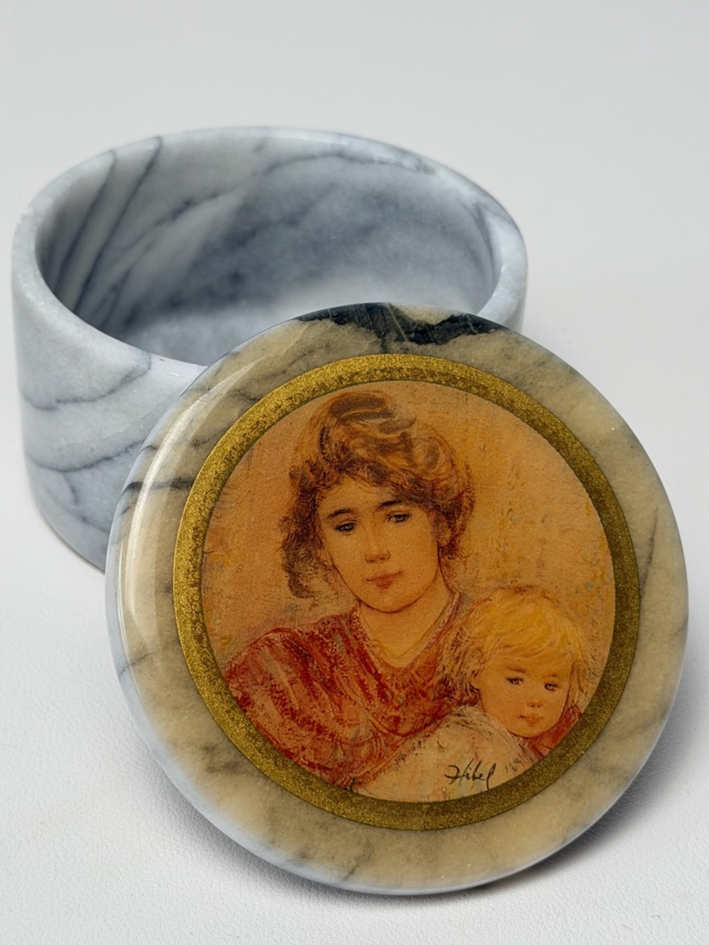 Vintage EDNA HIBEL Signed Mother and Child White Grey MARBLE ARTWORK TRINKET BOX